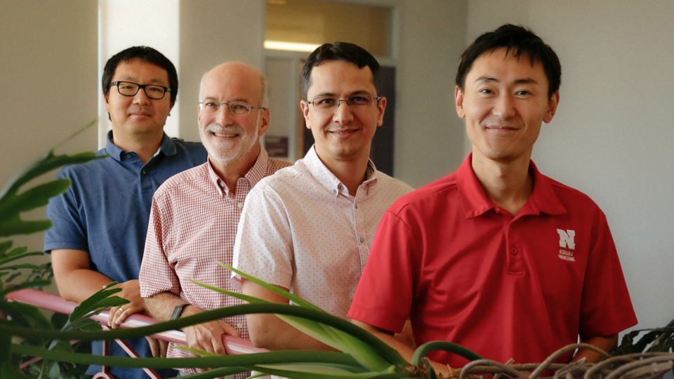 The University of Nebraska–Lincoln team working on the MICRA project includes (from left) Taro Mieno, agricultural economics; Daniel Schachtman, agronomy and horticulture; Saleh Taghvaeian, biological systems engineering; and Seunghee Kim, civil engineeri