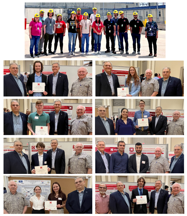 Top Photo: Summer Interns and Sponsoring Faculty touring the Cooper Nuclear Station.  Bottom photos:  Summer Interns presenting their posters at the Summer Research Symposium.