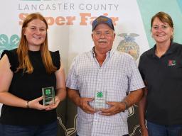 Recognition at the Lancaster County Super Fair:  (L–R) Allison Walbrecht, Harry Muhlbach and Extension Educator Tracy Anderson