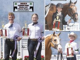(Left photo) Judging reserve champion team (L–R) Max Roberts, Amelia Proffitt, (not pictured) Faith Oldemeyer and Dillon Docter. (Top right) English & Western Dressage Level 2 champion Xavyer Bourek. (Bottom right) Junior Showmanship champion Lily Wood.