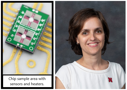 Left: Chip sample  Right: Lucia Fernandez-Ballester, Instrumentation Award Grantee