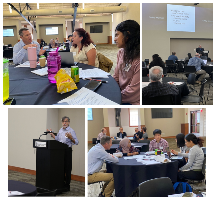 Top left & bottom right photos: Tim Jones having a conversation with participants. Top right photo: Roman Estrada, NPPD giving presentation. Bottom left photo: Dr. George Gogos giving opening remarks. 