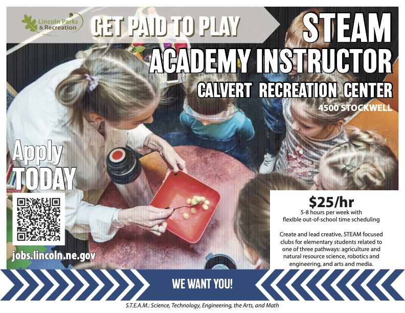 Lincoln Parks & Recreation is hiring a STEAM Academy instructor.