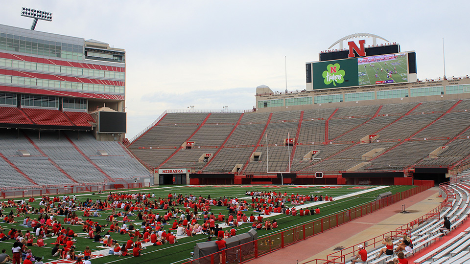 Fans watch the Nebraska football team play Notre Dame during the 2022 Husker Watch Party in Memorial Stadium.