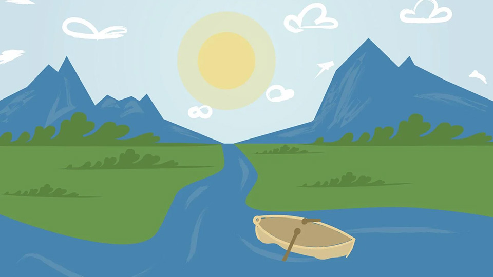 Drawn graphic of a canoe on a river passing between two mountains