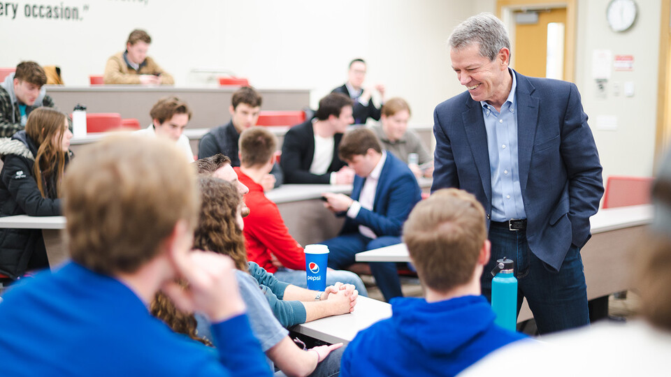 Nebraska Gov. Jim Pillen, who previously visited a management class in Hawks Hall, announced an entrepreneurship pitch competition for college students in the state to help spur innovation in Nebraska.