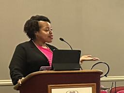 Marielle Myers, Kennesaw State University, speaks at the MTEP Preconference to the 2023 AMTE Conference