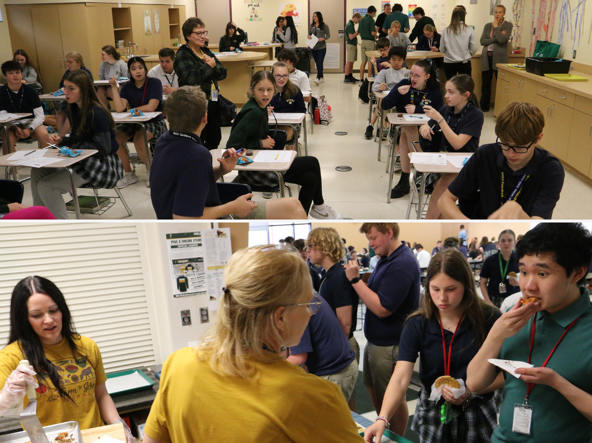 (Top photo) During the Chef’s Table activities, a small group of students sampled a recipe. (Bottom photo) During the cafeteria taste tests, all students had the opportunity to sample. Extension Educator Alyssa Havlovic (left) helped with the activities.