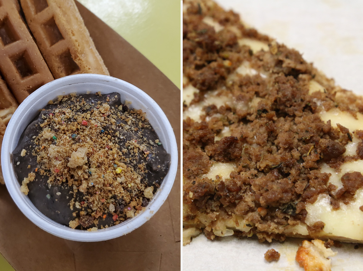 (L–R) Brownie Batter Hummus (photo by Carmen Goeden, Pius X Food Service Director) and Bison Pizza Topping (photo by Vicki Jedlicka, Nebraska Extension in Lancaster County)