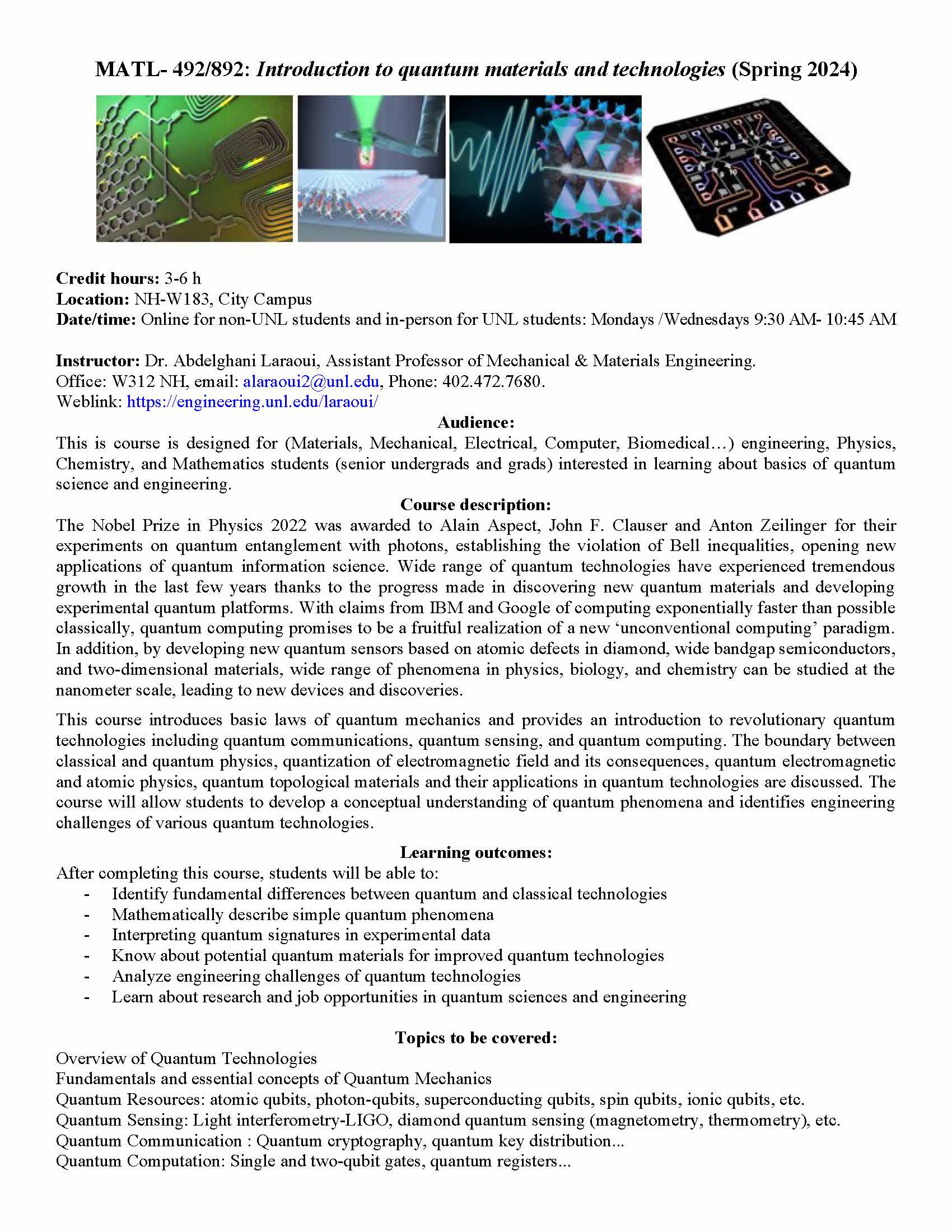 MATL- 492/892: Introduction to quantum materials and technologies (Spring 2024)