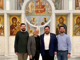 Left to right: Joel Davies, Paul Barnes, Dimitrios Katsiklis and Eleftherios Chasinidis inside the St. Nicholas Greek Orthodox Church and National Shrine last May. Courtesy photo.