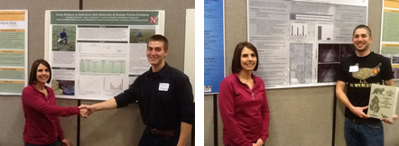 Josiah Dallmann, left, and Tom Batter received awards presented by Laurel Badura, poster judge and Nebraska Chapter of The Wildlife Society Awards Committee chair.