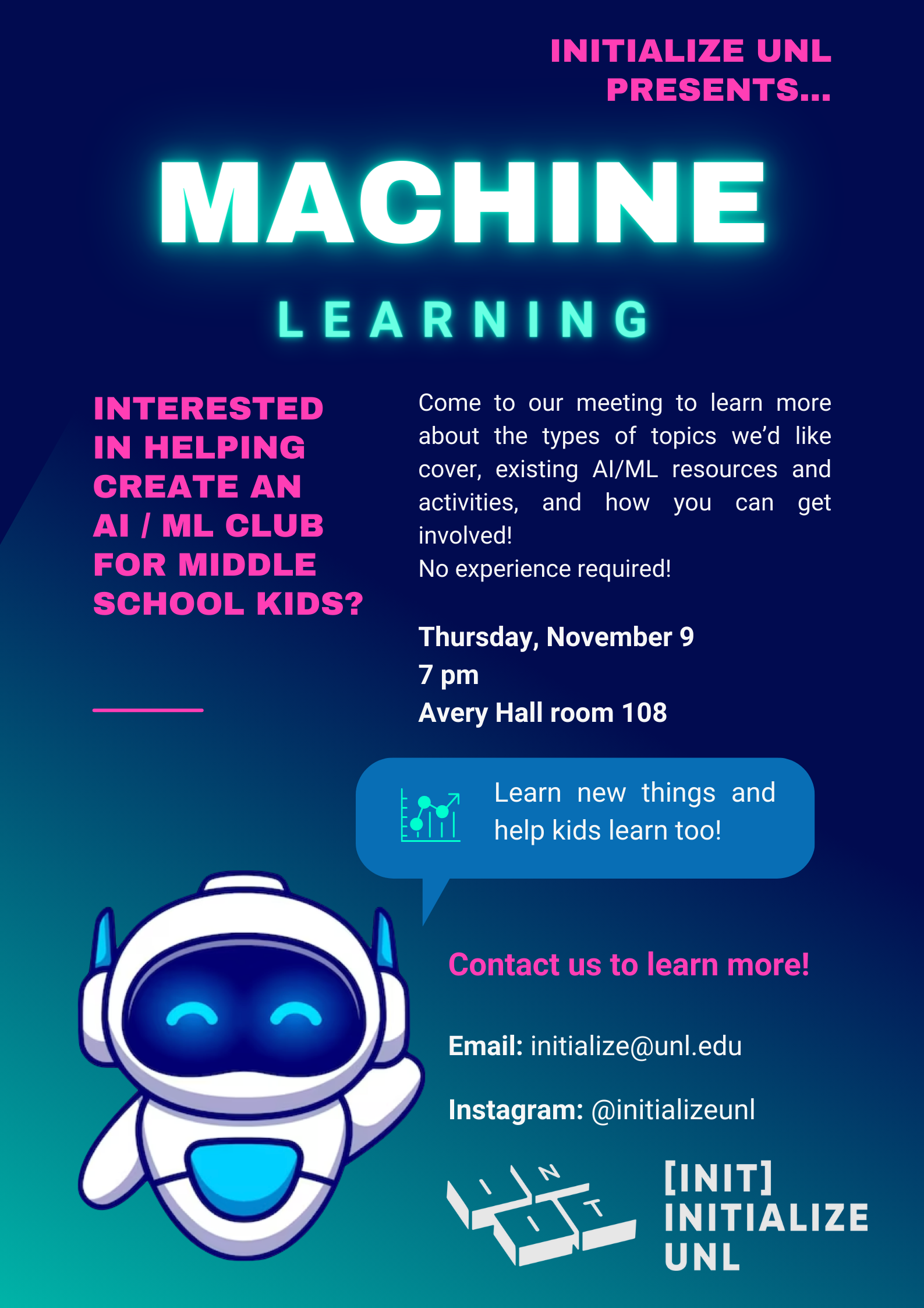 Flyer for Initialize's new machine learning club meeting