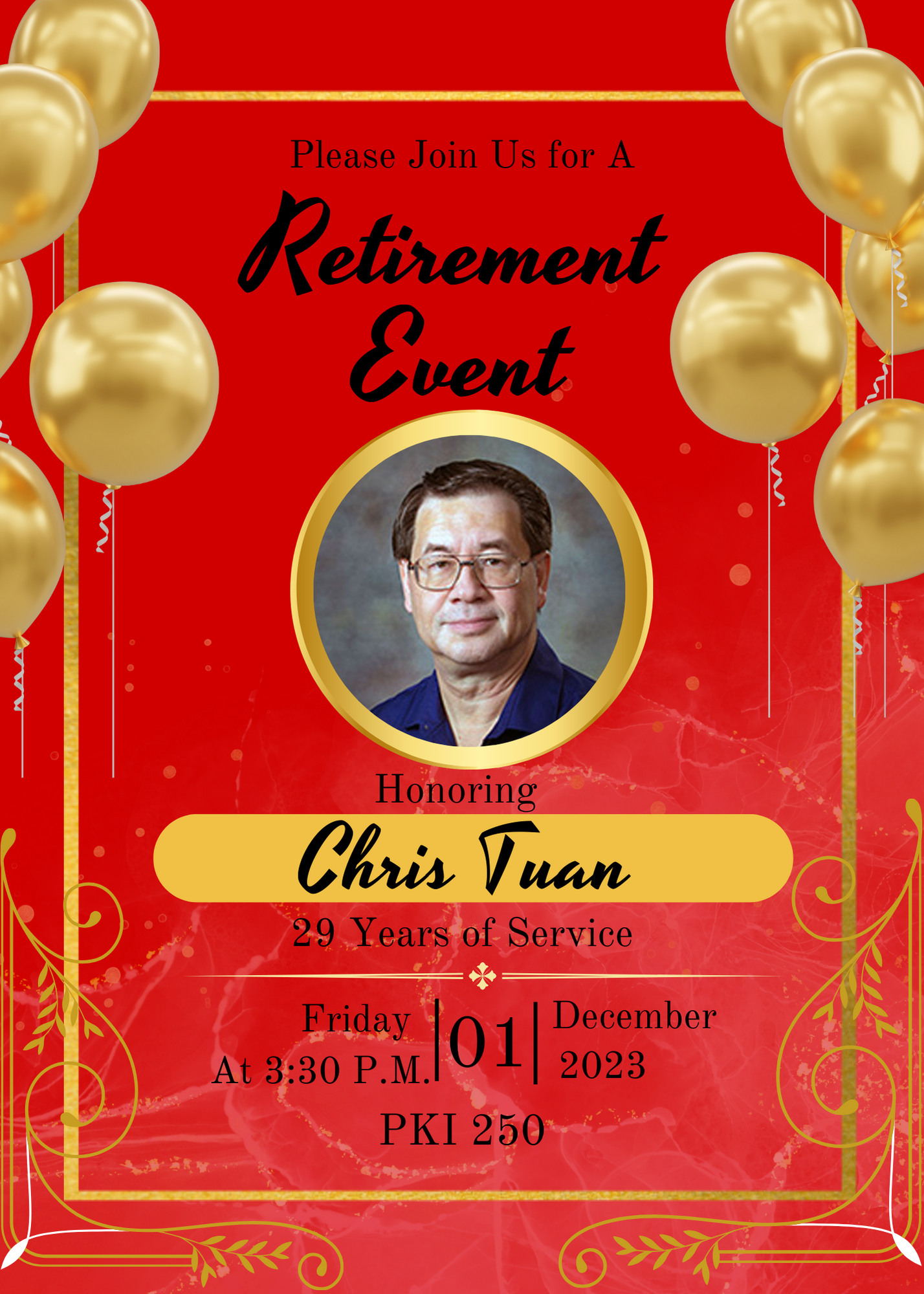 A retirement event for Chris Tuan, professor of civil and environmental engineering, is scheduled for 3:30 p.m., Friday, Dec. 1 in PKI 250.