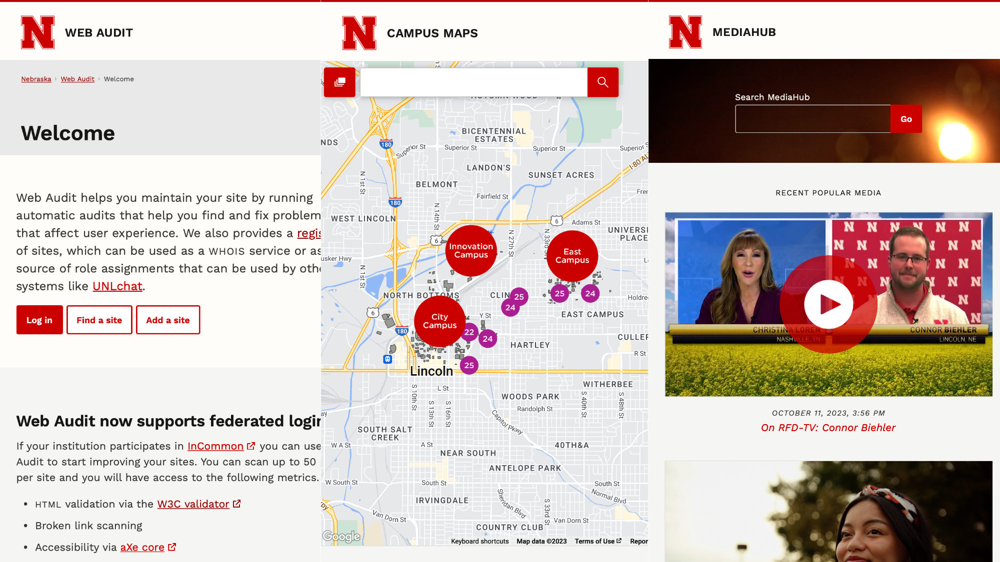 Screenshot of public information applications Web Audit, Campus Maps and Mediahub