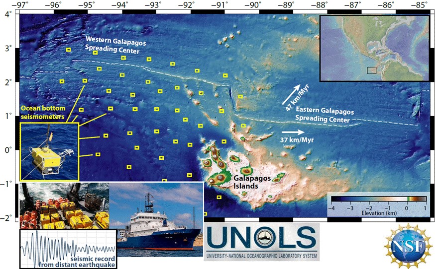 Sail on a marine expedition to recover 53 ocean-bottom seismometers (shown schematically above with yellow boxes) from a seafloor array northwest of the Galápagos Islands.