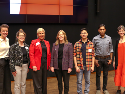 Valerie Jones (far left) co-hosted this year’s slam with Jocelyn Bosley (far right). Presenters were (from left) Gwendŵr Meredith, Ruth Woiwode, Ciara Ousley, Ryan Tan and Mohammad Hasan. 