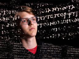 Luke Farritor, a senior at Nebraska, with superimposed Greek text from a nearly 2,000-year-old scroll that his work is helping to decipher.