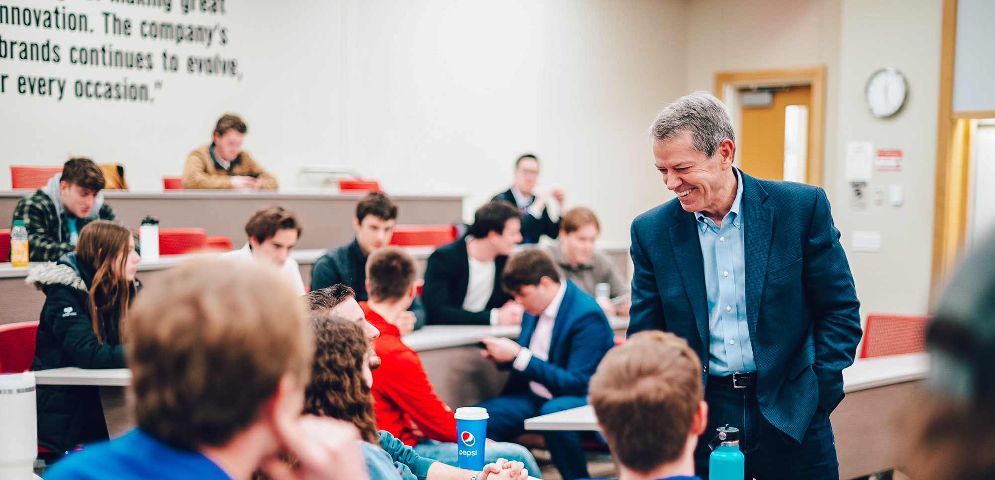 Governor visits with students in class held at the Nebraska College of Business