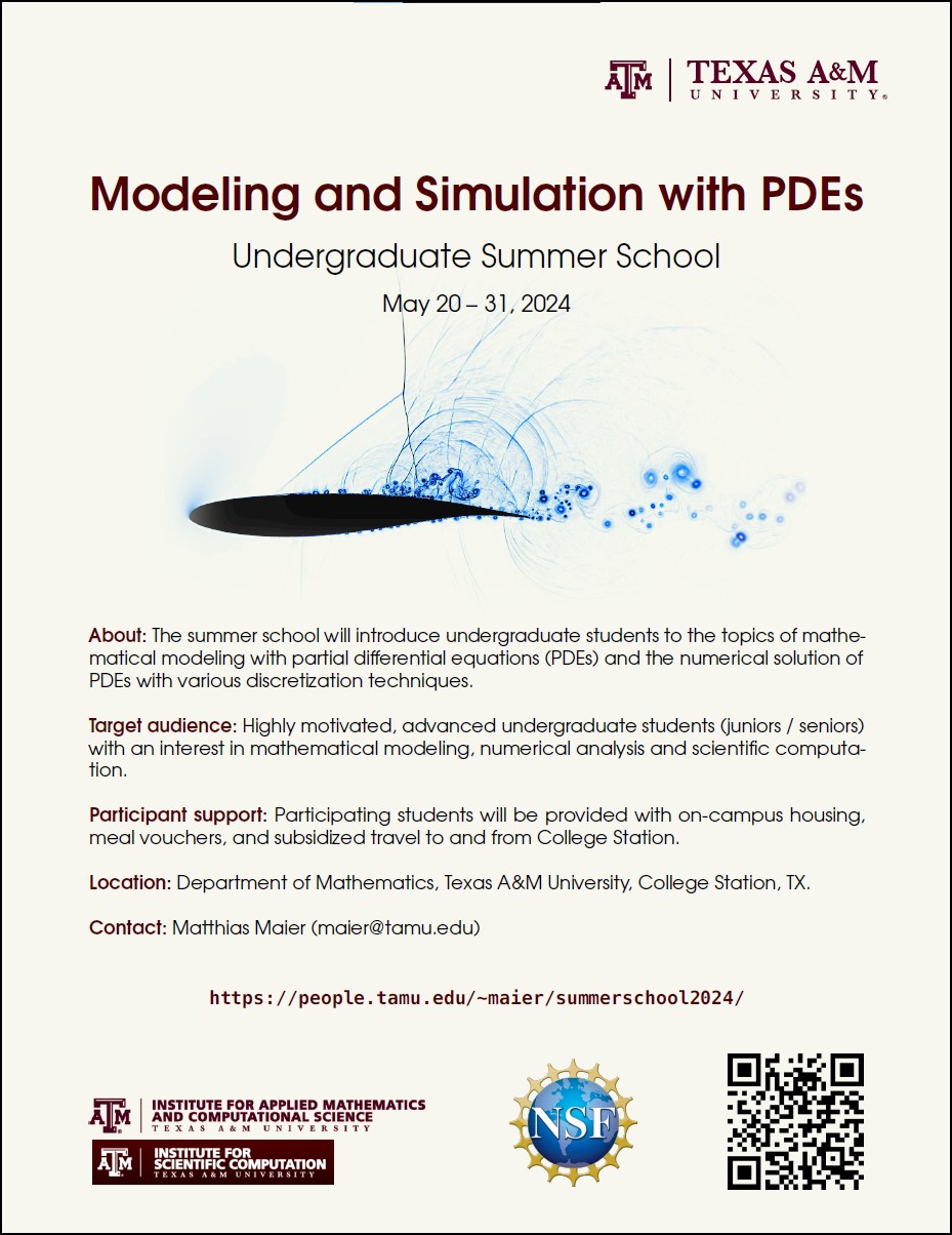 Undergraduate Summer School in Modeling and Simulation with PDEs at Texas A&M University