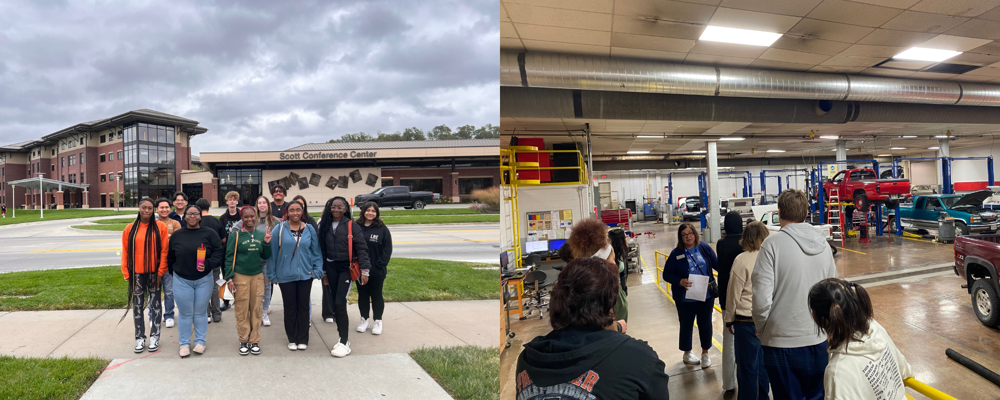 High School students at the UNO College Visit in front of the Scott Campus Building and students taking a tour of the SCC Automotive Department on the right. 