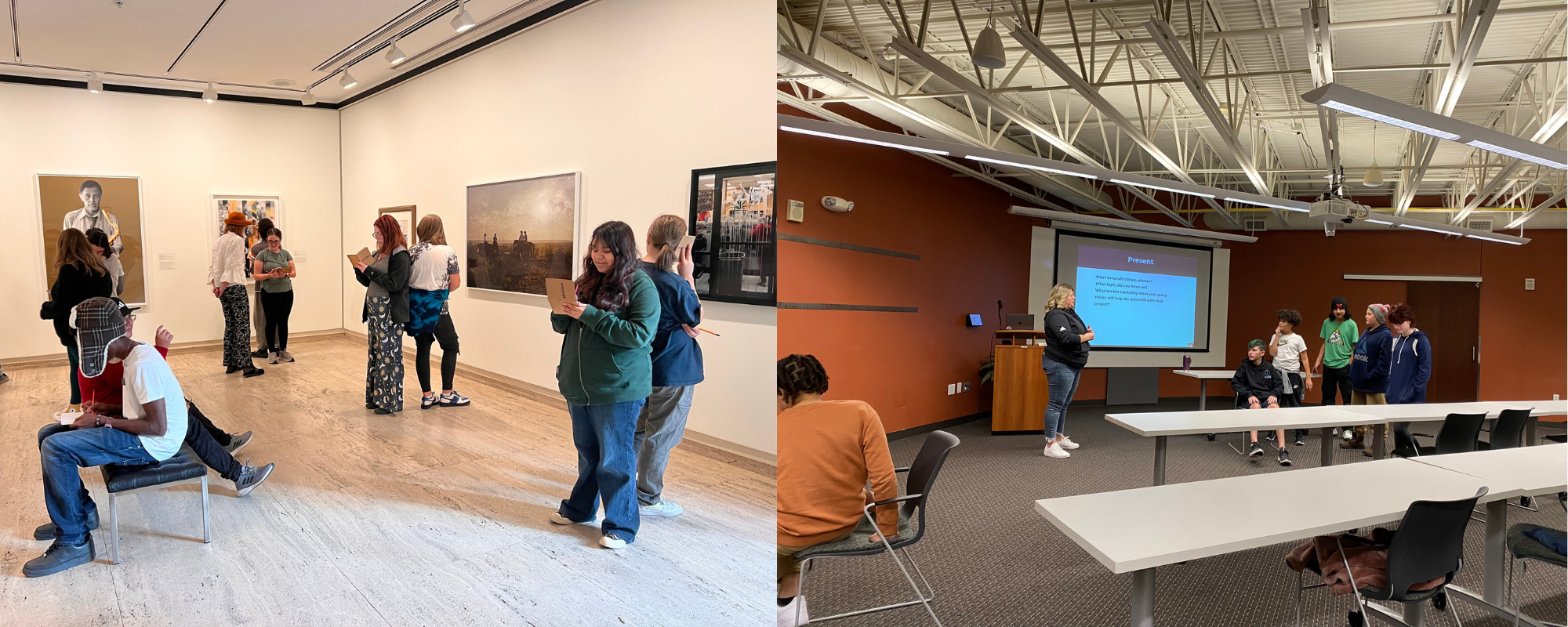 High School students back-to-back doing sketching activity at Sheldon Museum of Art and middle school students presenting their marketing ideas at Firespring.