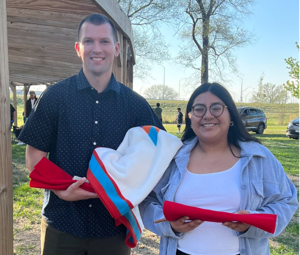 Joe Morrison and Angela Gonzalez at Angela's Feather Ceremony with UNITE in Spring of 2023. 