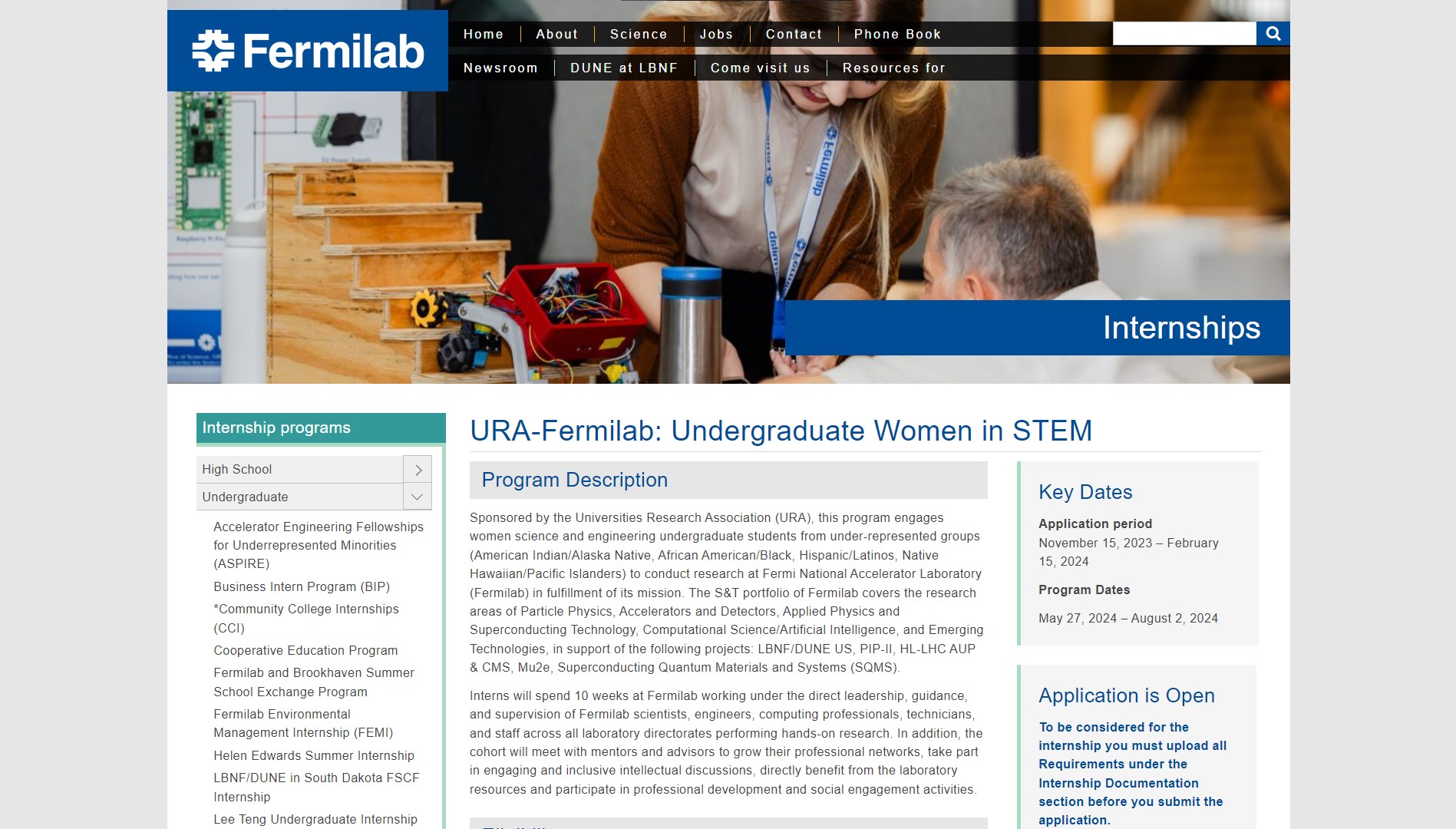 Internship Opportunity - URA-Fermilab: Undergraduate Women in STEM internship program
