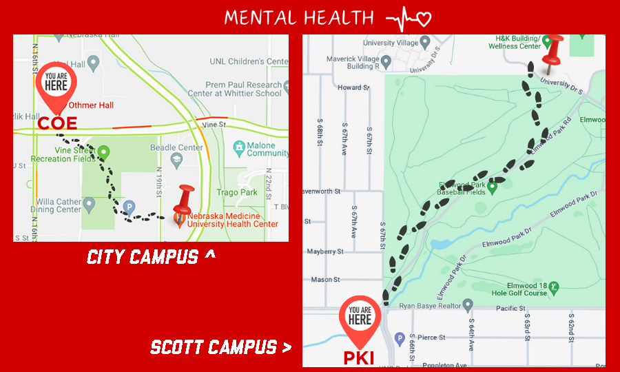 Mental health resources for students are available on the University of Nebraska campuses in both Lincoln and Omaha. (Images adapted from Google Maps).