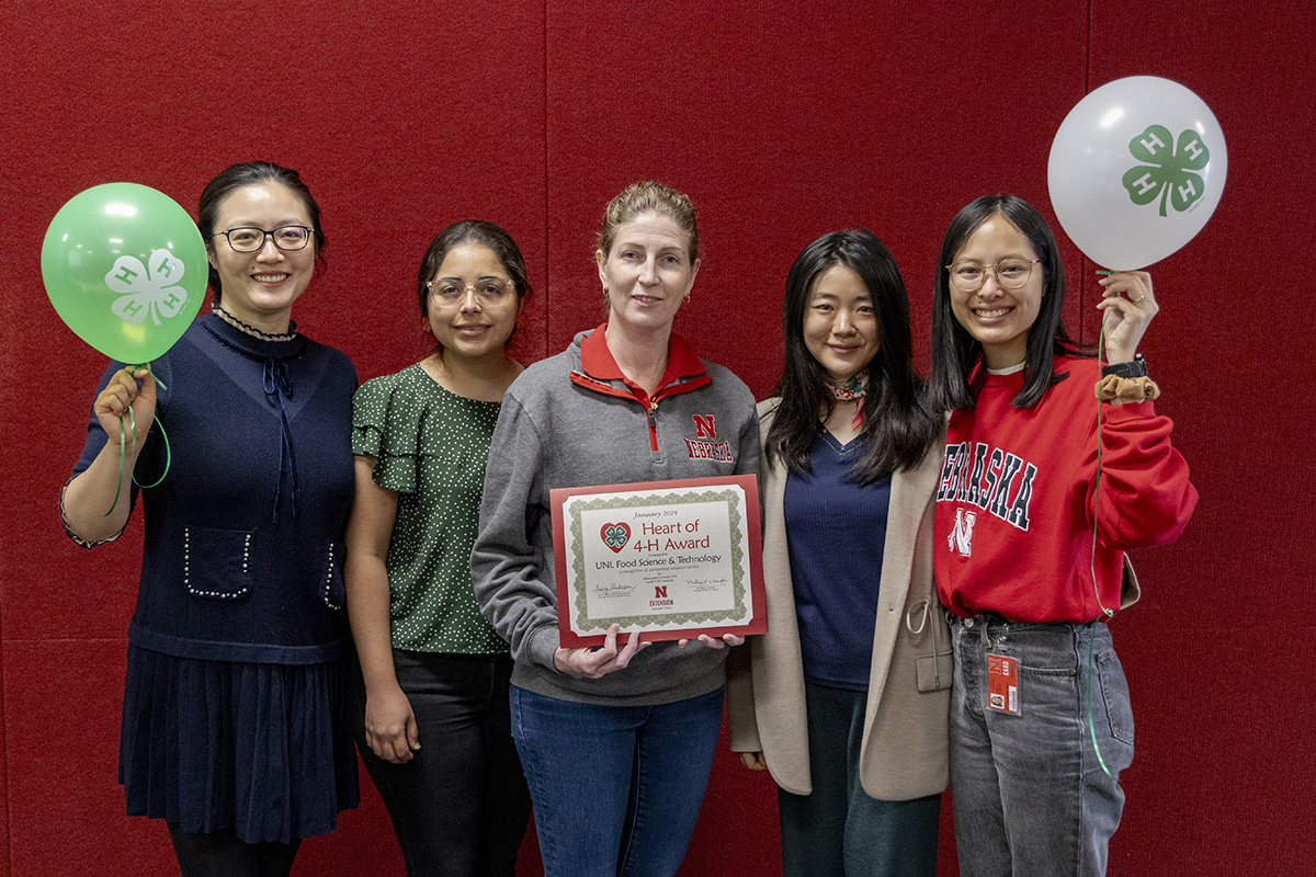 UNL Food Science and Technology Department staff and graduate students who presented a recent 4-H workshop: (L–R) Liya Mo (student), Carmen Sabillon (intern), Andreia Bianchini (Associate Professor), Junsi Yang (Lecturer) and Emily Dowell (student).