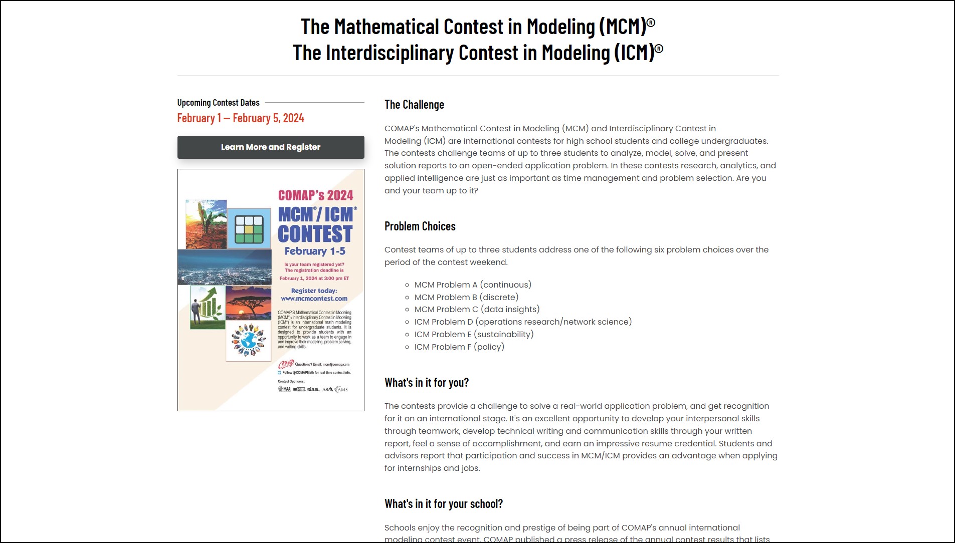 The Mathematical Contest in Modeling - an opportunity to get involved!