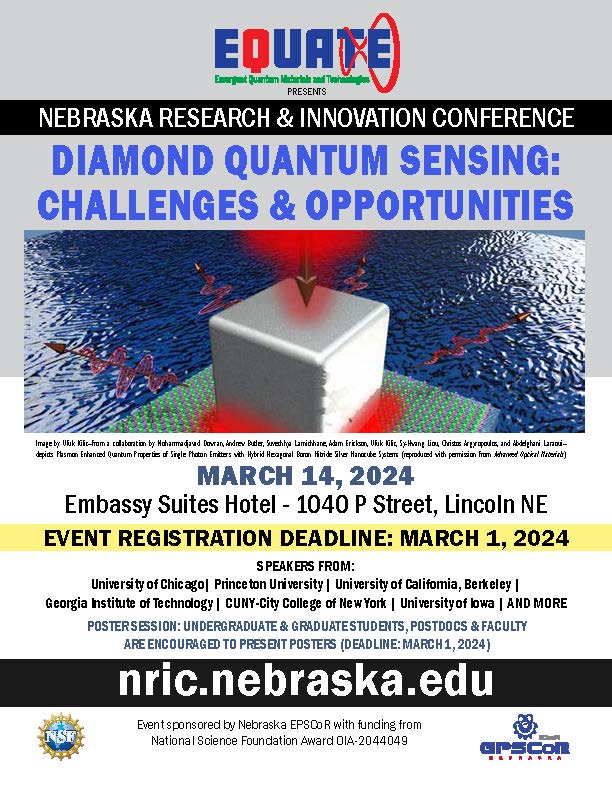 Registration closes March 1 for the Nebraska Research & Innovation Conference, "Diamond Quantum Sensing: Challenges & Opportunities" -- a free event in Lincoln on March 14, 2024.
