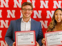 In 2023, Jack Hinsberger (l) and Grace McCutcheon (r) were the recipients of the Laura Cockson Memorial Scholarship. [Mike Jackson | Student Affairs Marketing and Communication]