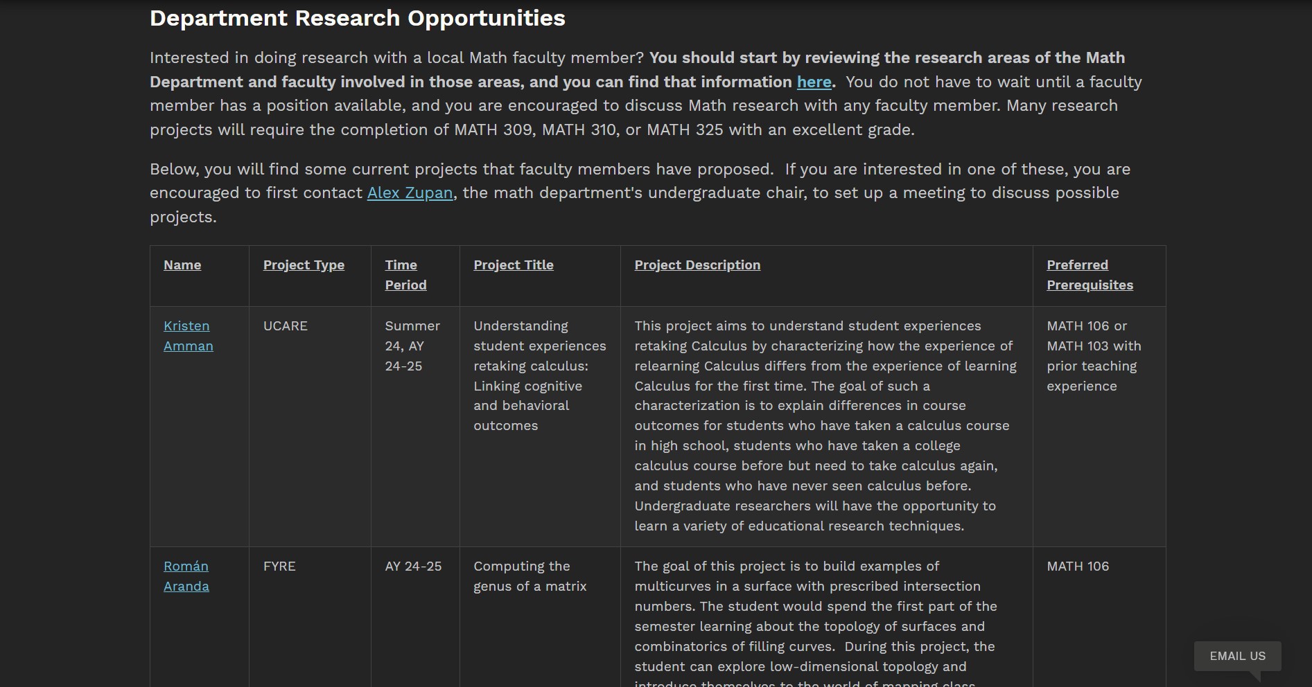 Math Department Research Opportunities