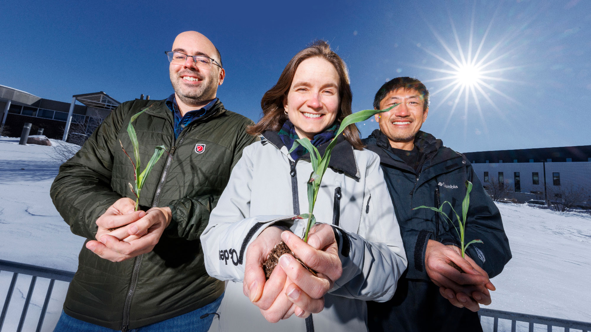 James Schnable (from left), Rebecca Roston and Toshihiro Obata hold young sorghum plants outside of the Bioscience Greenhouses on City Campus. 