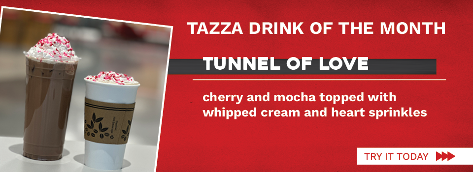 Tunnel of Love – cherry and mocha topped with whipped cream and heart sprinkles