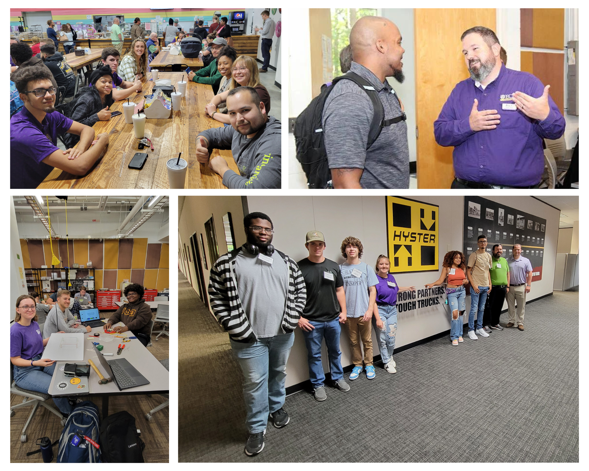 Clockwise from top left: scholars socialize over dinner, Castles speaks with transfer student Gary Freeman; scholars attend a field trip to Hyster-Yale facility; students develop a city circuit simulation.