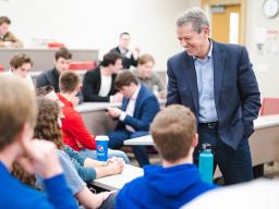 Nebraska Gov. Jim Pillen, who previously visited a management class in Hawks Hall, announced an entrepreneurship pitch competition for college students in the state to help spur innovation in Nebraska. Photo courtesy of Nebraska Today.