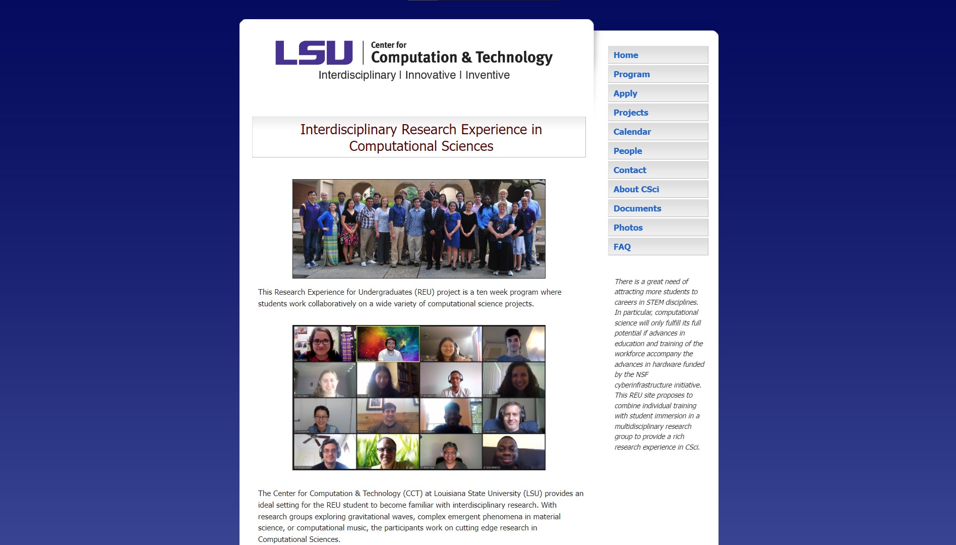 CCT REU: Interdisciplinary Research Experience in Computational Sciences