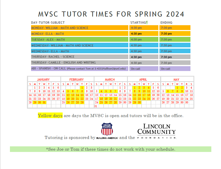 Military and Veteran Success Center Tutoring Times for Spring 2024