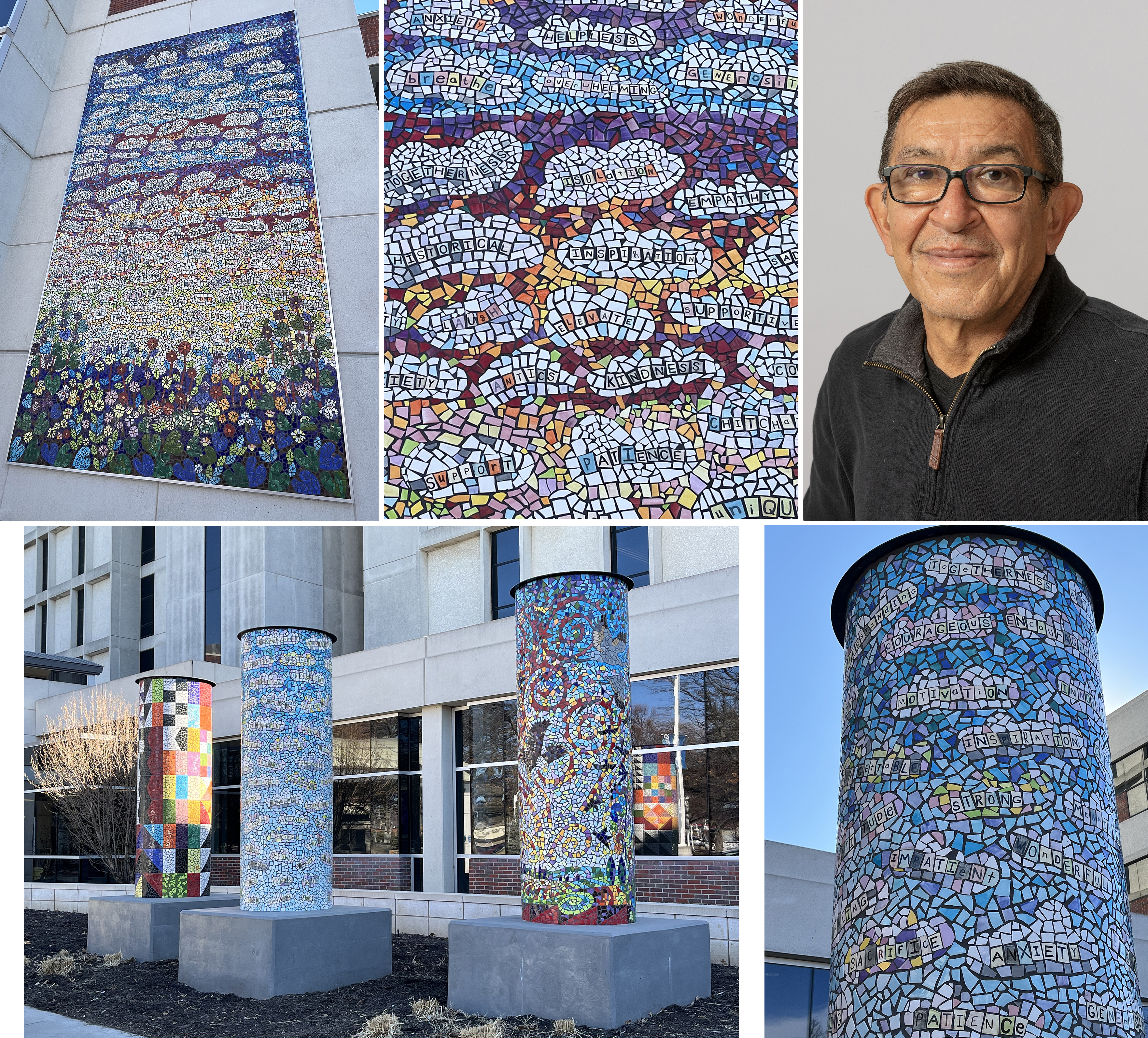 (Top) Eddie Dominguez’s 12’ x 22’ mosaic mural at Bryan East and (Bottom) Three tile pillars at the entrance to Bryan West with details of the words submitted by hospital staff to reflect on their experiences during the Covid-19 pandemic.