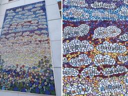 (Top) Eddie Dominguez’s 12’ x 22’ mosaic mural at Bryan East and (Bottom) Three tile pillars at the entrance to Bryan West with details of the words submitted by hospital staff to reflect on their experiences during the Covid-19 pandemic.