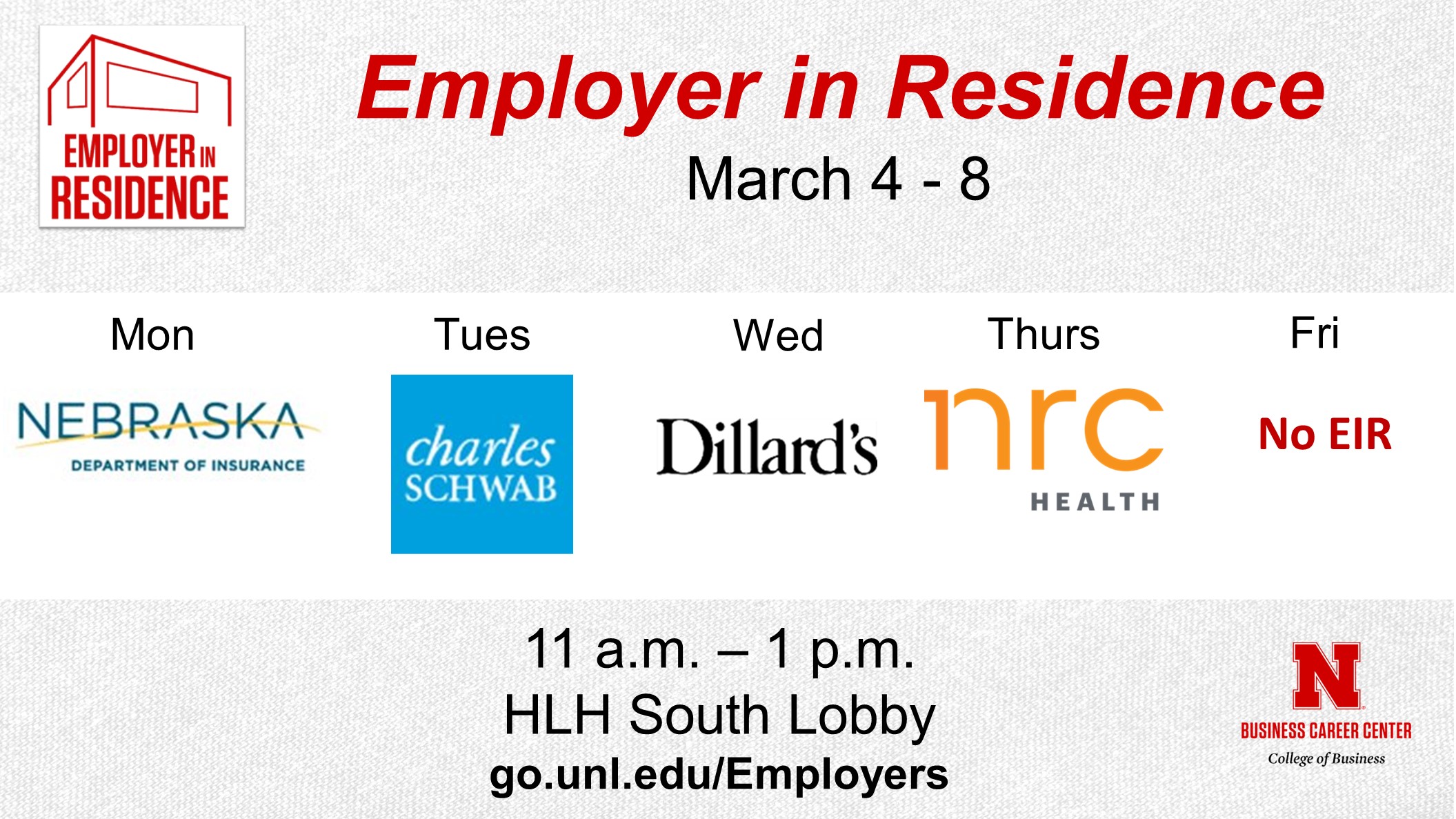 Employer in Residence | Schedule for March 4 - 8