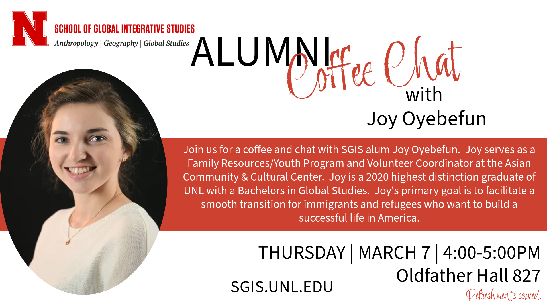 SGIS Alumni Coffee Chat Thursday 3/7 at 4PM