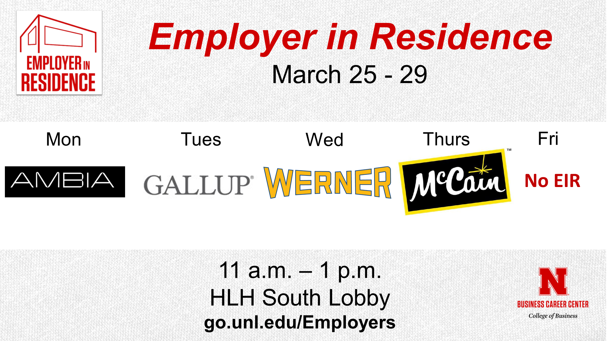 Employer in Residence | Schedule for March 25 - 29
