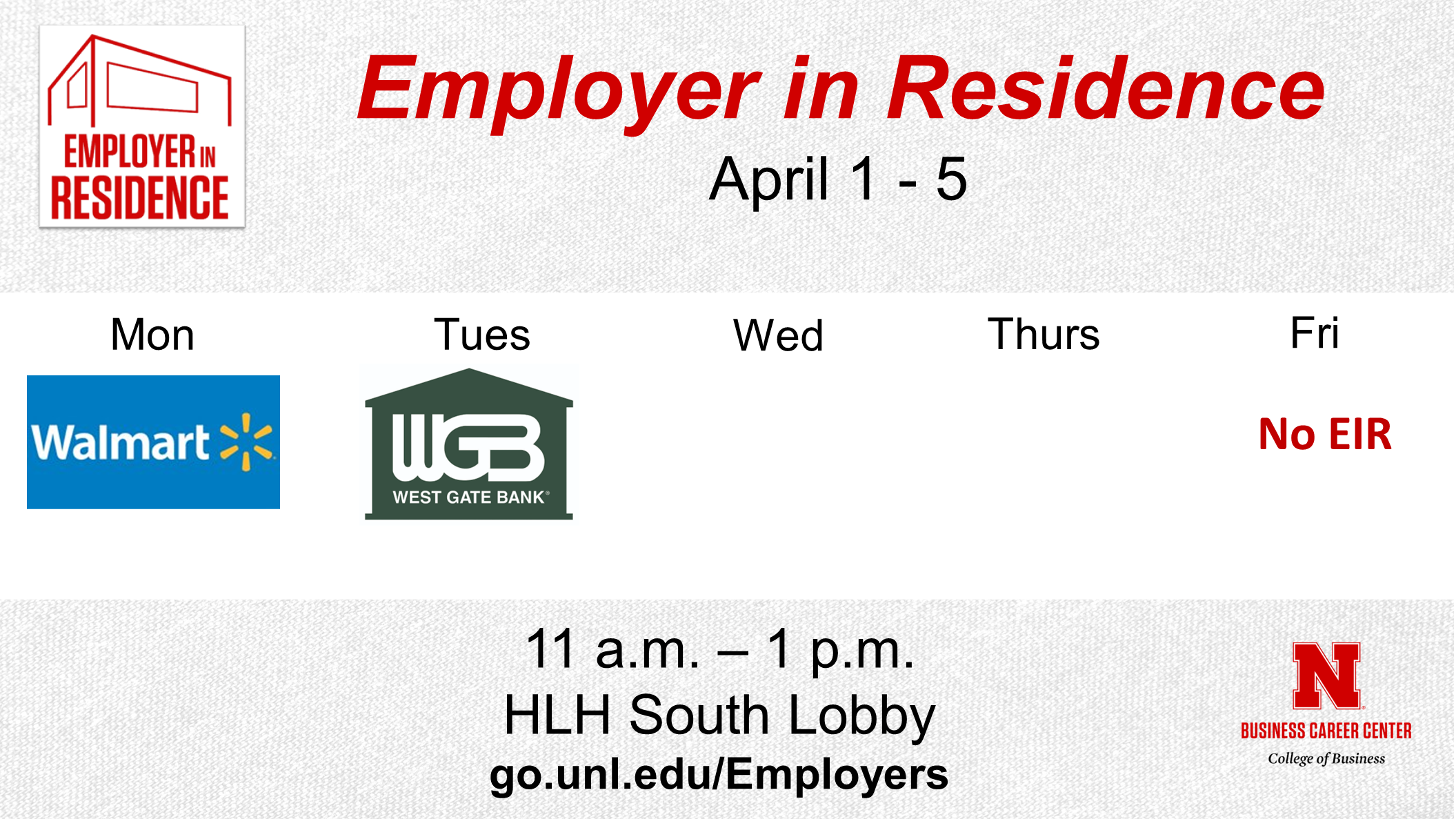Employer in Residence | Schedule for April 1 - 5