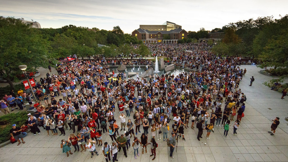 Hundreds of Huskers gather at Nebraska Union Plaza and Meier Commons greenspace during the total solar eclipse in 2017. The university will hold a Solar Social for the 2024 eclipse on April 8. Photo by Craig Chandler