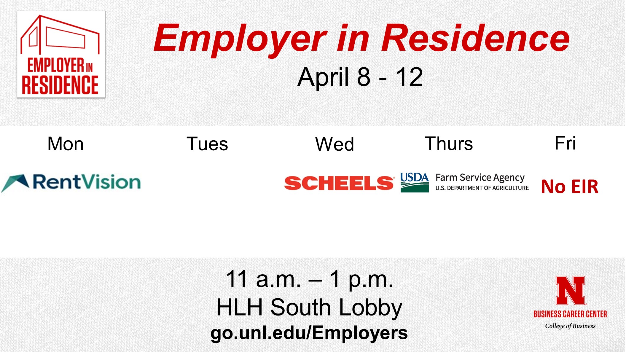 Employer in Residence | Schedule for April 8 - 12