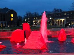 During the evening on May 3, 2024, Broyhill Fountain in the Nebraska Union Memorial Plaza will be illuminated red after the annual Red Memorial.