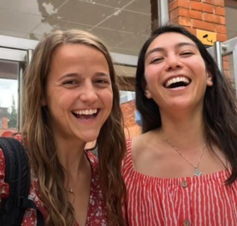 University of Nebraska alumni Leigh Jahnke, Fulbright English Teaching Assistant, smiles with a colleague at La Laboral, a high school in La Rioja, Spain